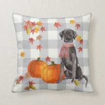 Black Dog with Pumpkins Falling Leaves Gray Check