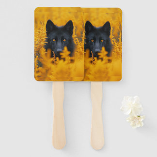 Black Dog with Stunning Gold Eyes Hand Fan