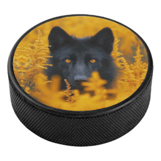 Black Dog with Stunning Gold Eyes Hockey Puck