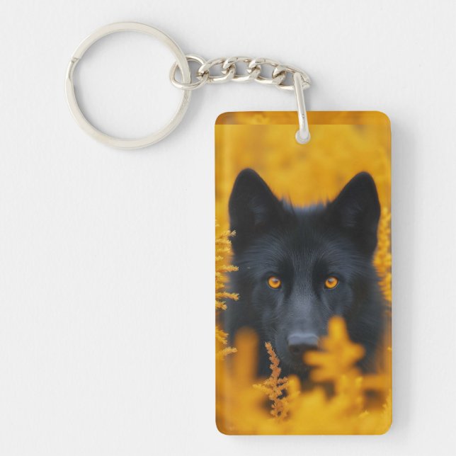 Black Dog with Stunning Gold Eyes Key Ring (Front)