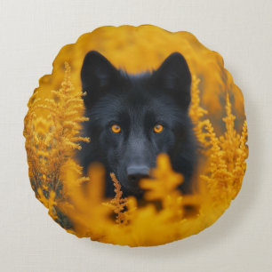 Black Dog with Stunning Gold Eyes Round Cushion