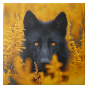 Black Dog with Stunning Gold Eyes Tile