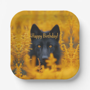 Black Dog Wolf with  Gold Eyes Happy Birthday Paper Plate