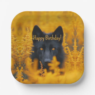 Black Dog Wolf with  Gold Eyes Happy Birthday Paper Plate