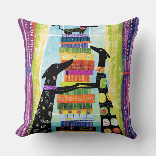 Black Dogs Balancing Book Tower Stack Cushion (Front)