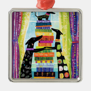 Black Dogs Balancing Book Tower Stack Metal Tree Decoration