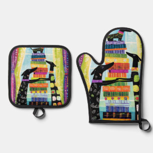 Black Dogs Balancing Book Tower Stack Oven Mitt & Pot Holder Set