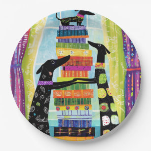 Black Dogs Balancing Book Tower Stack Paper Plate