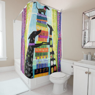 Black Dogs Balancing Book Tower Stack Shower Curtain