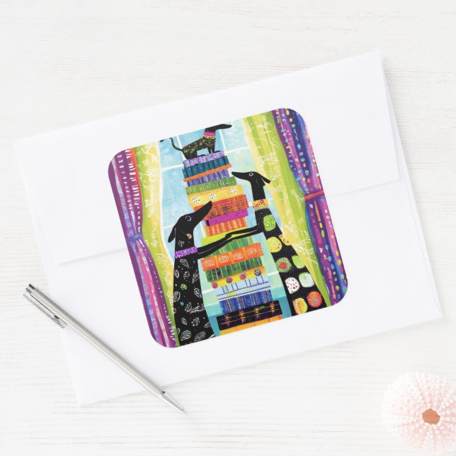 Black Dogs Balancing Book Tower Stack Square Sticker (Envelope)
