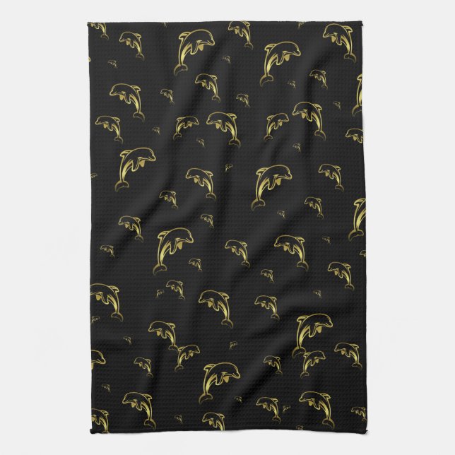 black,dolphin, fish, nature,  aquatic, design, tea towel (Vertical)