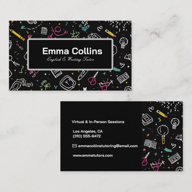 Black Doodle English Writing Tutor Modern  Business Card (Front/Back)