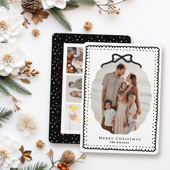 Black Doodle Frames & Bow 4 Photo Christmas Holiday Card (Creator Uploaded)