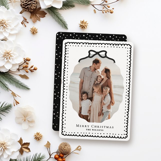 Black Doodle Frames & Bow Photo Christmas Holiday Card (Creator Uploaded)