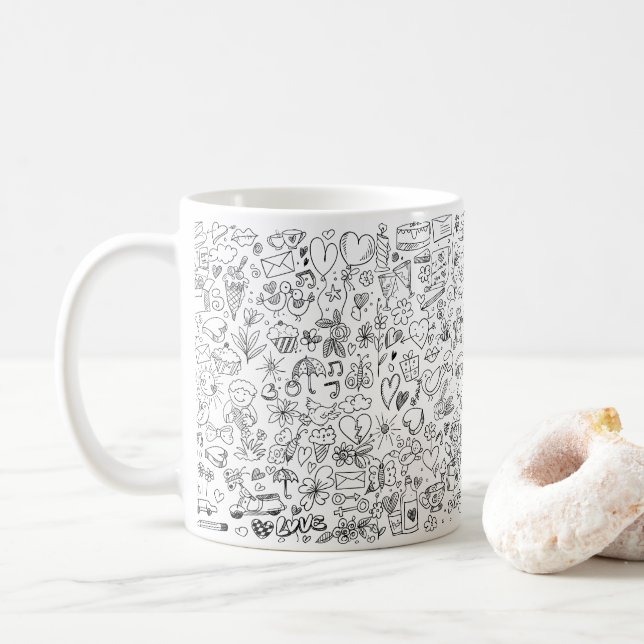black doodle hand drawn white mug (With Donut)