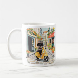 Black Doodle Riding Scooter European City Streets Coffee Mug