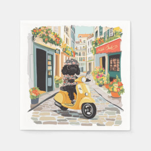 Black Doodle Riding Scooter European City Streets Napkin
