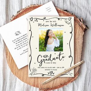 Black Doodles Graduation Save the Date Photo Cream Invitation Postcard
