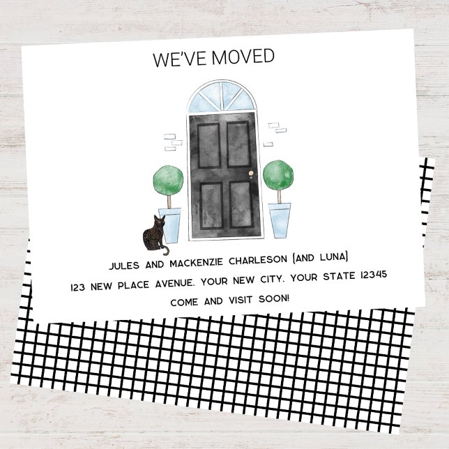Black Door and Cat We Have Moved New Home Announcement (Black door cat watercolor custom text new home we I have moved change of address moving announcement)
