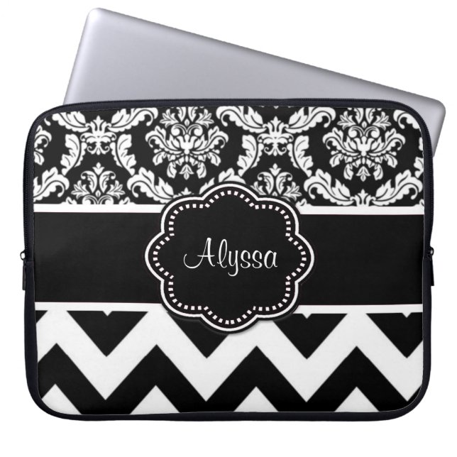 Black Dot Damask Personalised Laptop Case (Front)