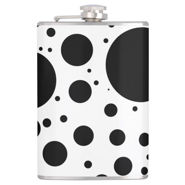 Black Dots and Circles on White in Varying Sizes Hip Flask (Front)