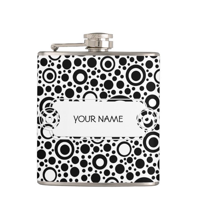 Black Dots & Circle Pattern + your text & backgr. Hip Flask (Front)
