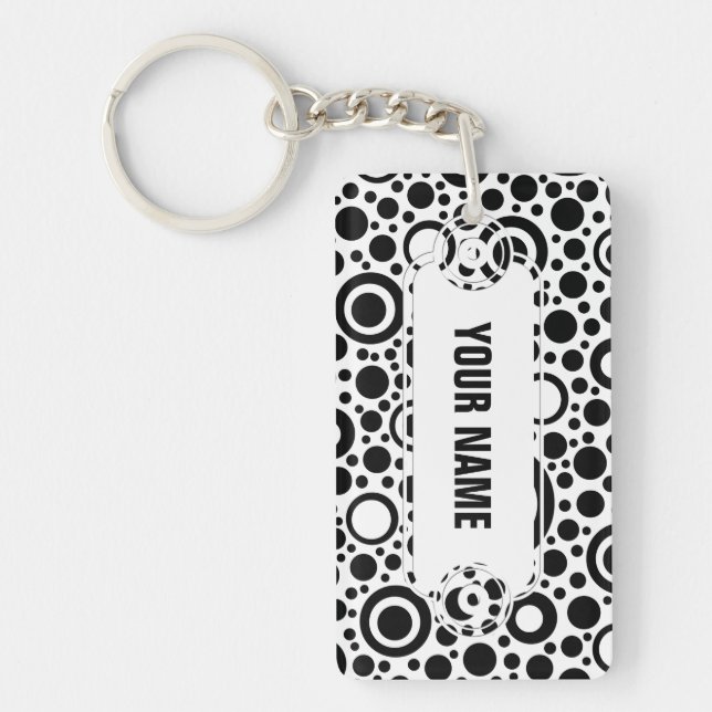 Black Dots & Circle Pattern + your text & backgr. Key Ring (Front)