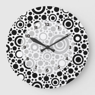 Black Dots & Circle Pattern + your text & backgr. Large Clock