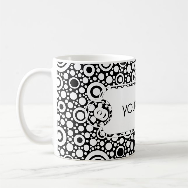 Black Dots & Circles Grid + your backgr. & text Coffee Mug (Left)