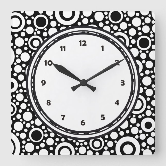 Black Dots & Circles Grid + your backgr. & text Square Wall Clock (Front)