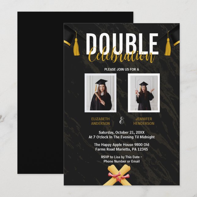 Black Double Celebration Graduation Party photos Invitation (Front/Back)