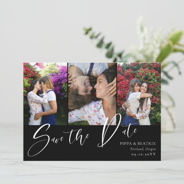 Black Double Sided Photos Wedding Save the Date (Standing Front)
