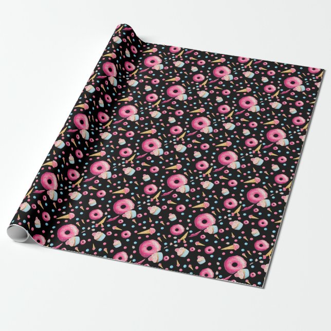 Black Doughnut Collage Wrapping Paper (Unrolled)