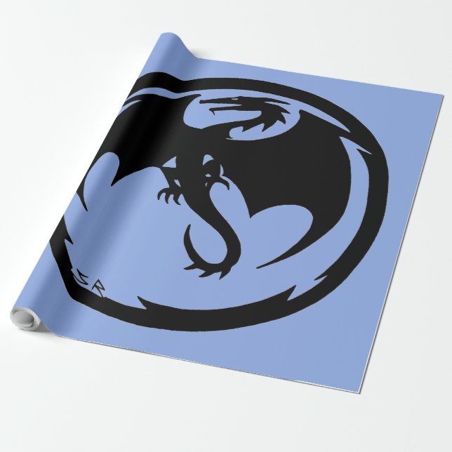 Black Dragon blue glossy wrapping paper large (Unrolled)