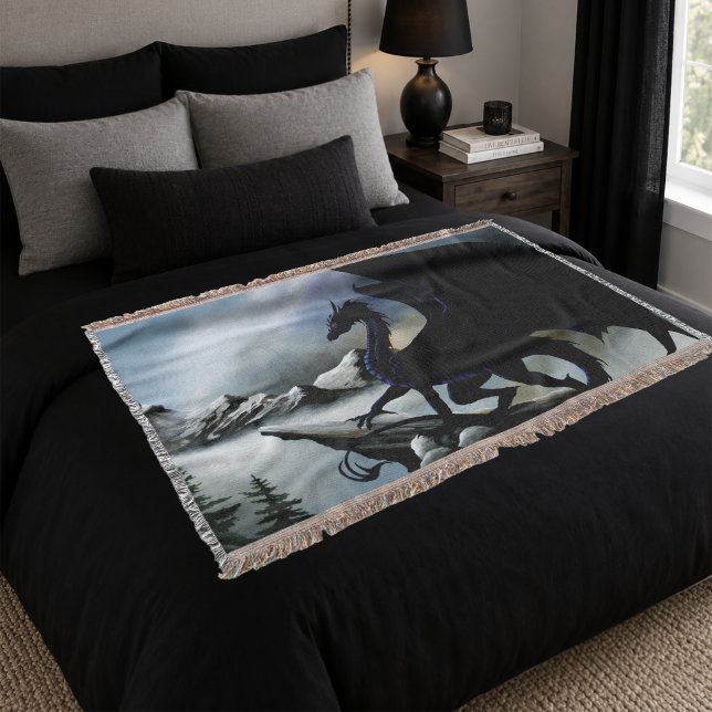 Black Dragon Fantasy Blue Mountains  Throw Blanket (Creator Uploaded)