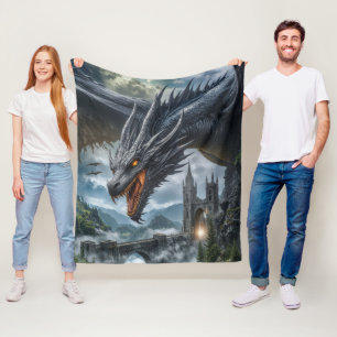Black Dragon Guarding a Gothic Mountain Castle Fleece Blanket