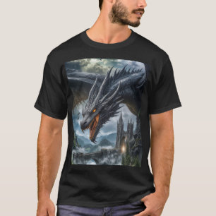 Black Dragon Guarding a Gothic Mountain Castle T-Shirt