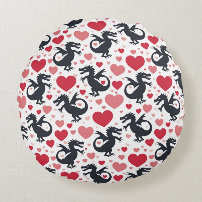 Black Dragon in Love Round Cushion (Front)
