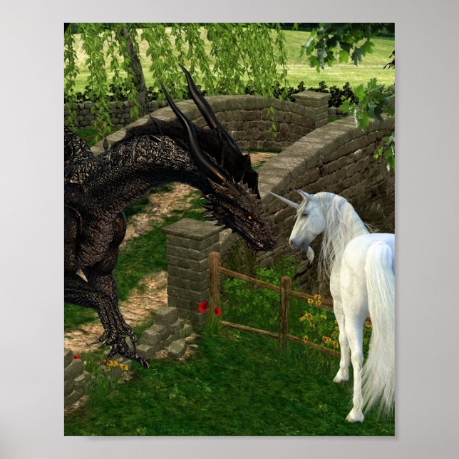 Black Dragon meets Unicorn Fantasy Poster (Front)