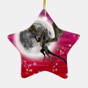 Black Dragon - Mythical Fantasy Creature Red Sky Ceramic Tree Decoration
