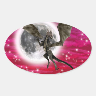 Black Dragon - Mythical Fantasy Creature Red Sky Oval Sticker