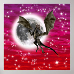 Black Dragon - Mythical Fantasy Creature Red Sky Poster