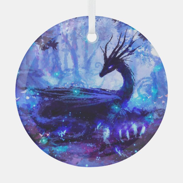 Black dragon, night forest scene. glass tree decoration (Front)