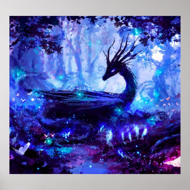 Black dragon, night forest scene. poster (Front)