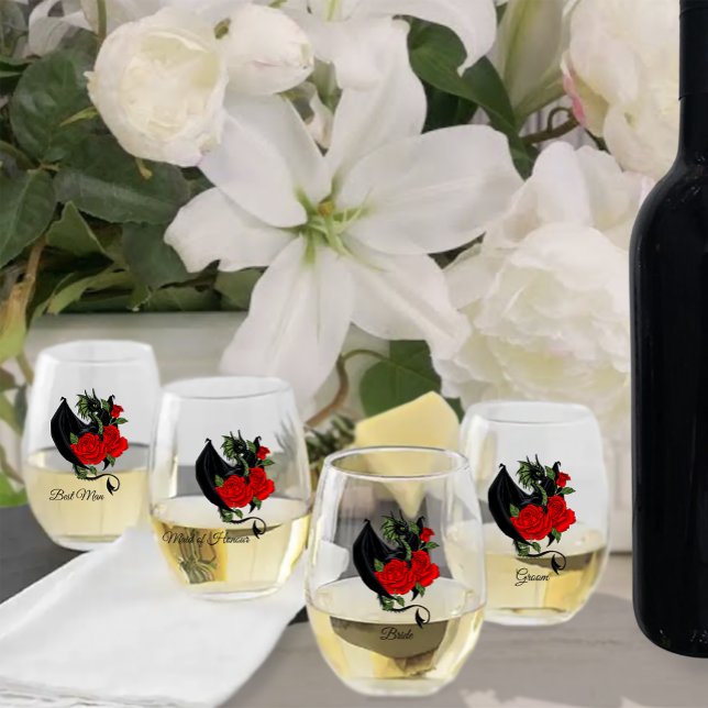 Black Dragon Red Roses Fantasy Stemless Wine Glass (Creator Uploaded)