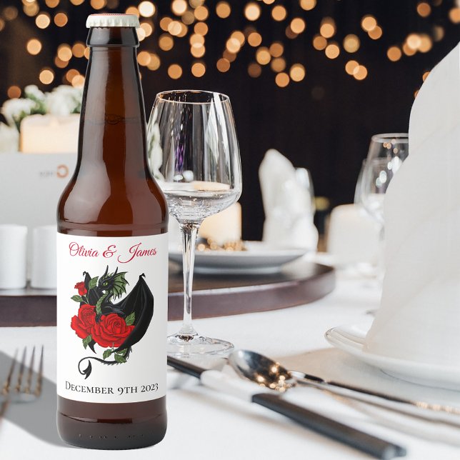Black Dragon Red Roses Fantasy Wedding Beer Bottle Label (Creator Uploaded)