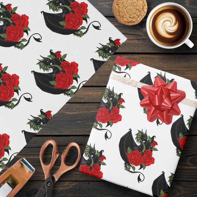 black Dragon red Roses Fantasy Wrapping Paper (Creator Uploaded)