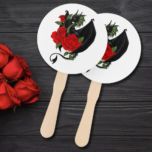 Black Dragon Red Roses Hand Fan