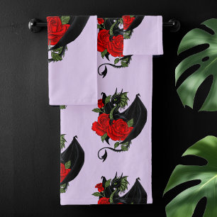 Black Dragon Red Roses Lavender Bath Towel Set