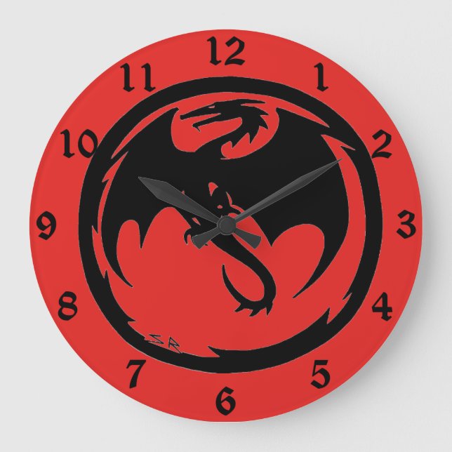 Black Dragon red wall clock w numbers (Front)